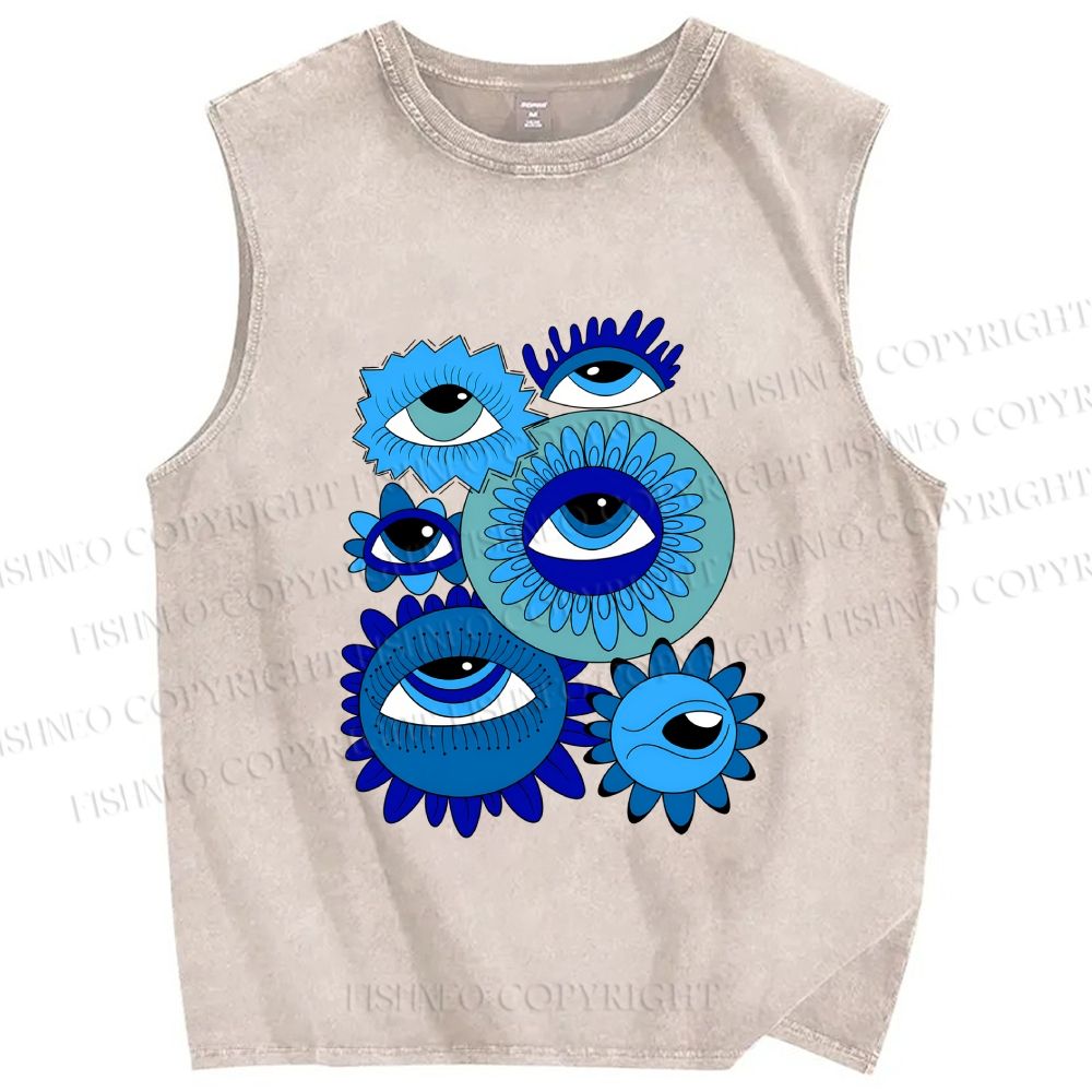 Unisex Evil Eyes in Flowers Printed Washed Tank Top