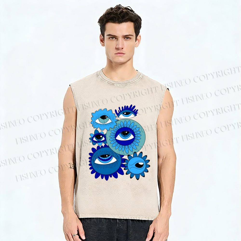 Unisex Evil Eyes in Flowers Printed Washed Tank Top