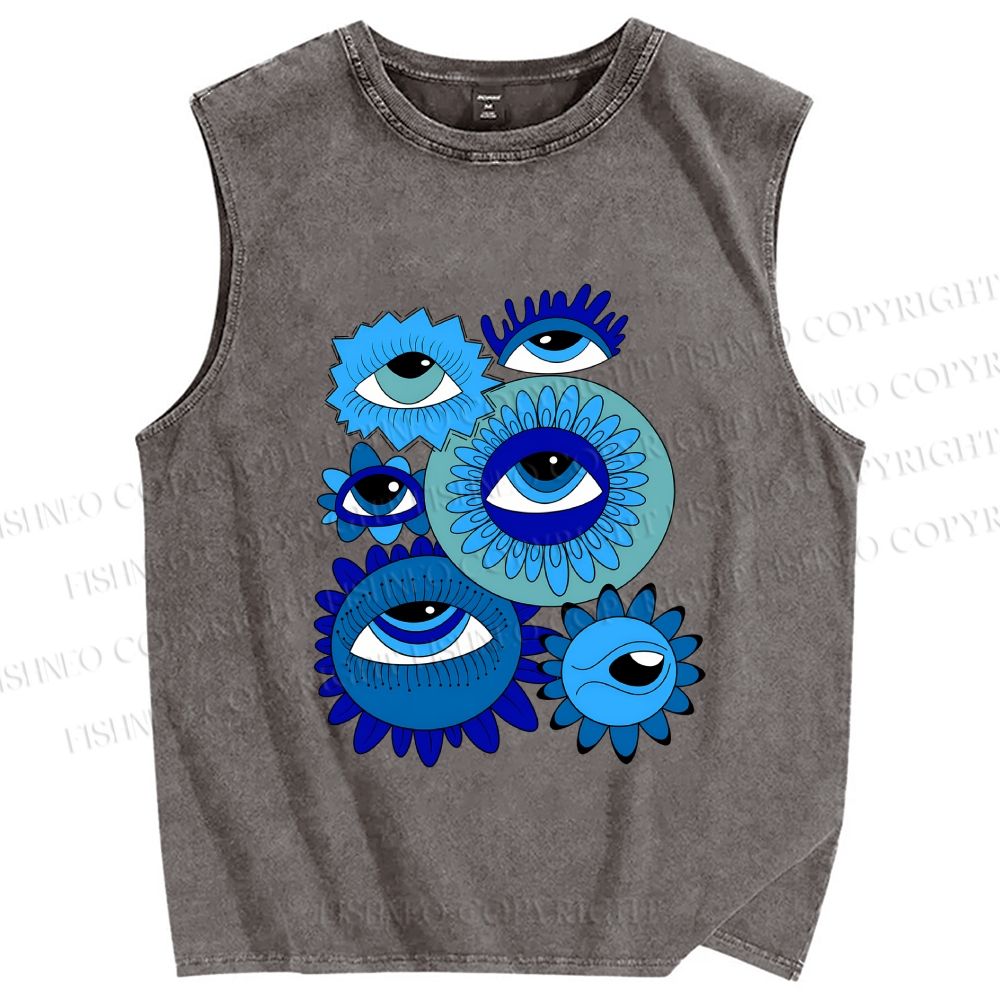 Unisex Evil Eyes in Flowers Printed Washed Tank Top