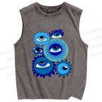Unisex Evil Eyes in Flowers Printed Washed Tank Top