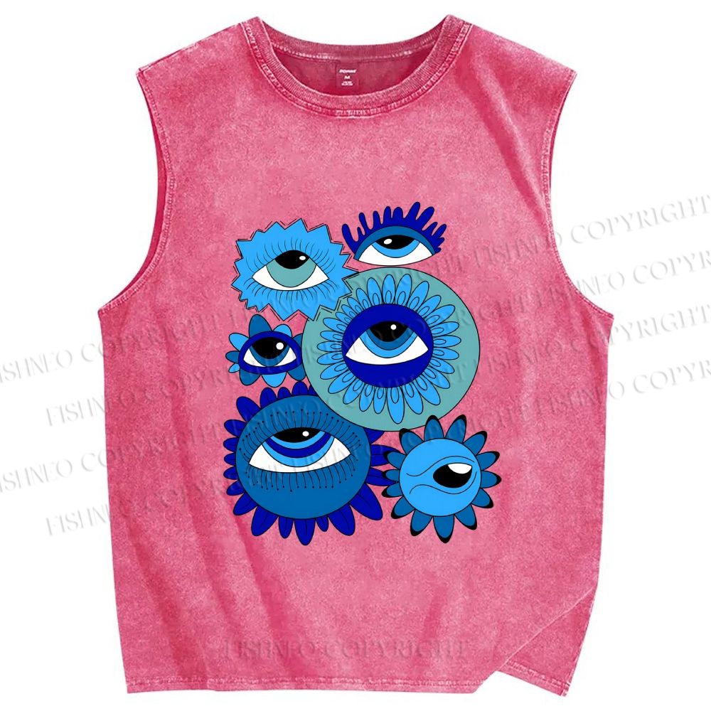 Unisex Evil Eyes in Flowers Printed Washed Tank Top