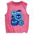 Unisex Evil Eyes in Flowers Printed Washed Tank Top
