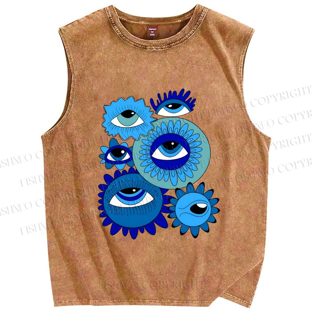 Unisex Evil Eyes in Flowers Printed Washed Tank Top