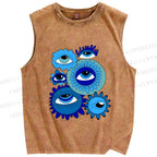Unisex Evil Eyes in Flowers Printed Washed Tank Top