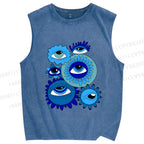 Unisex Evil Eyes in Flowers Printed Washed Tank Top