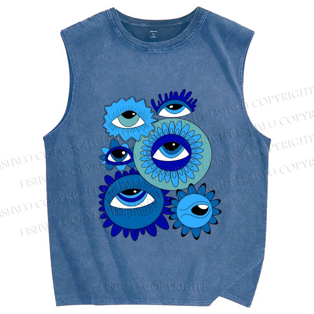 Unisex Evil Eyes in Flowers Printed Washed Tank Top