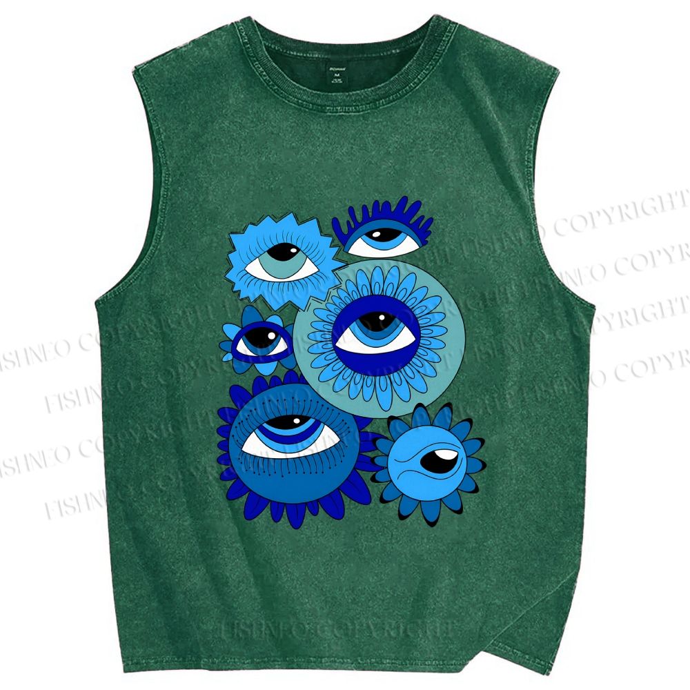 Unisex Evil Eyes in Flowers Printed Washed Tank Top