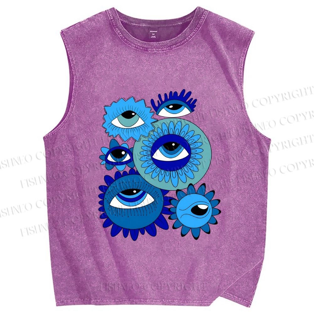 Unisex Evil Eyes in Flowers Printed Washed Tank Top