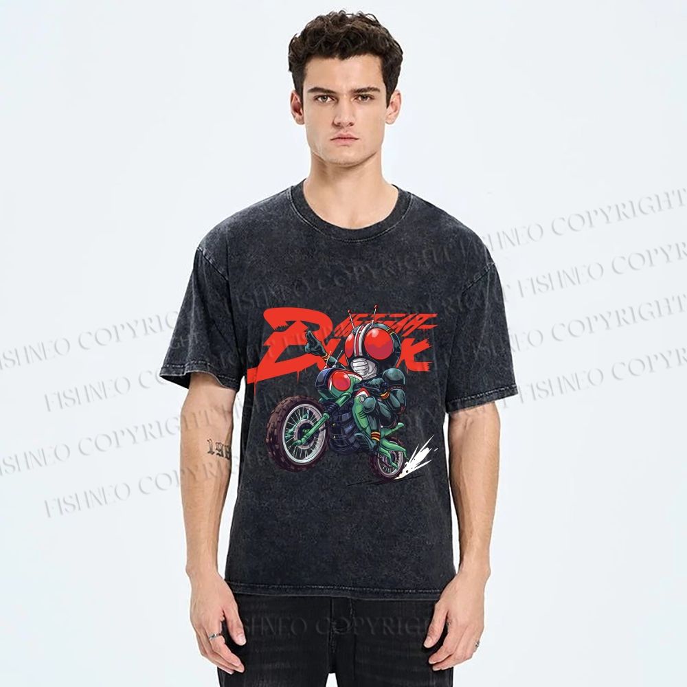 Unisex Kamen Rider Black on Battle Hopper Printed Washed Tee