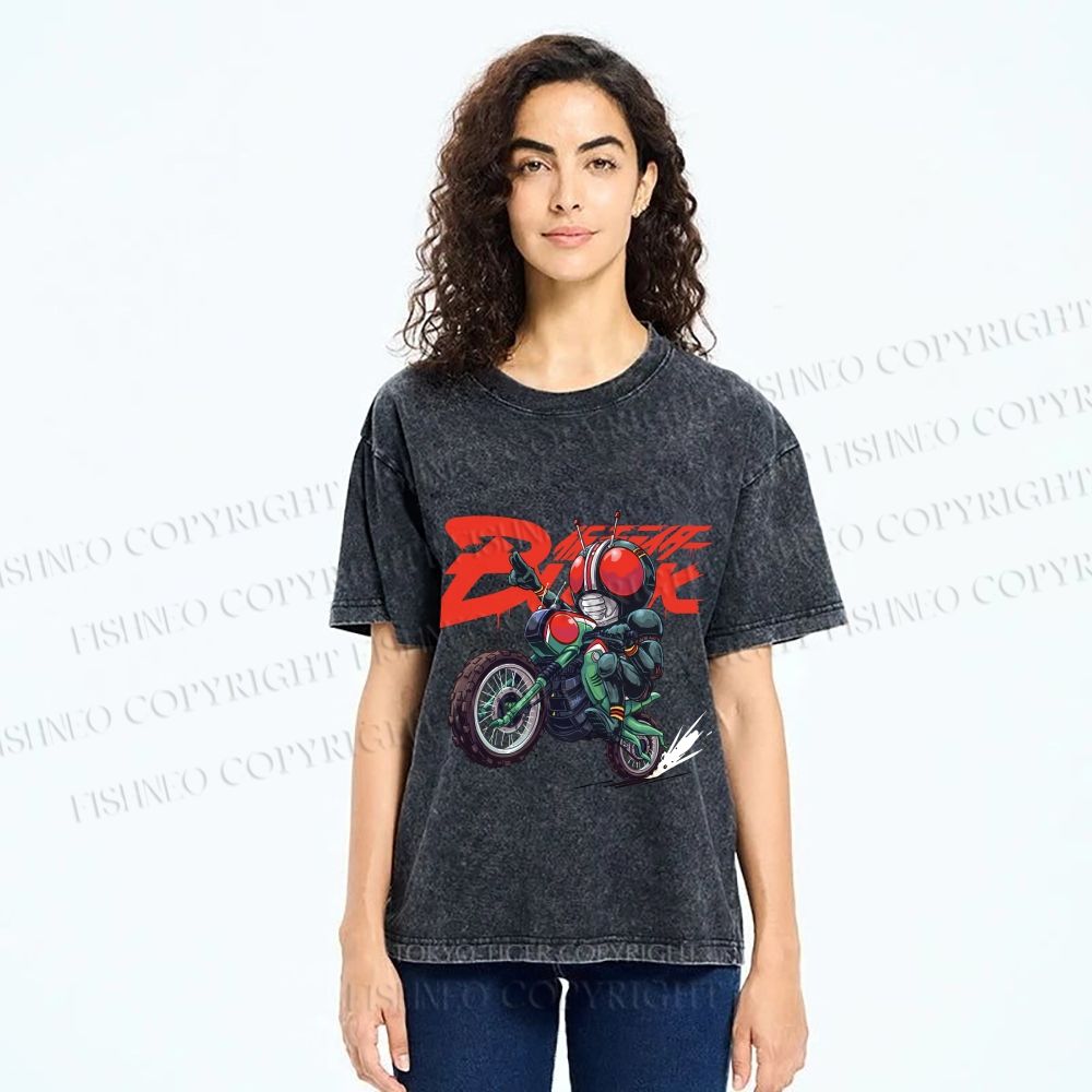 Unisex Kamen Rider Black on Battle Hopper Printed Washed Tee