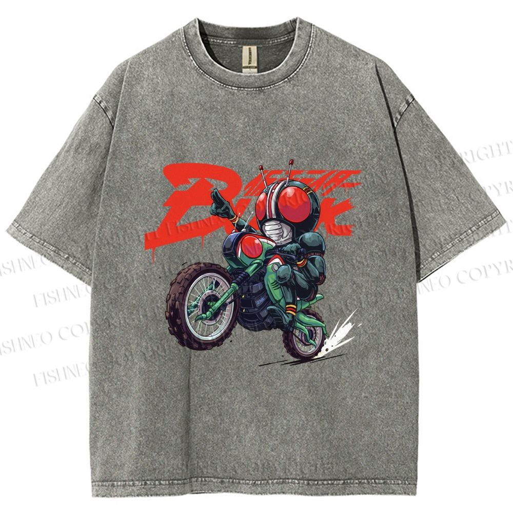 Unisex Kamen Rider Black on Battle Hopper Printed Washed Tee
