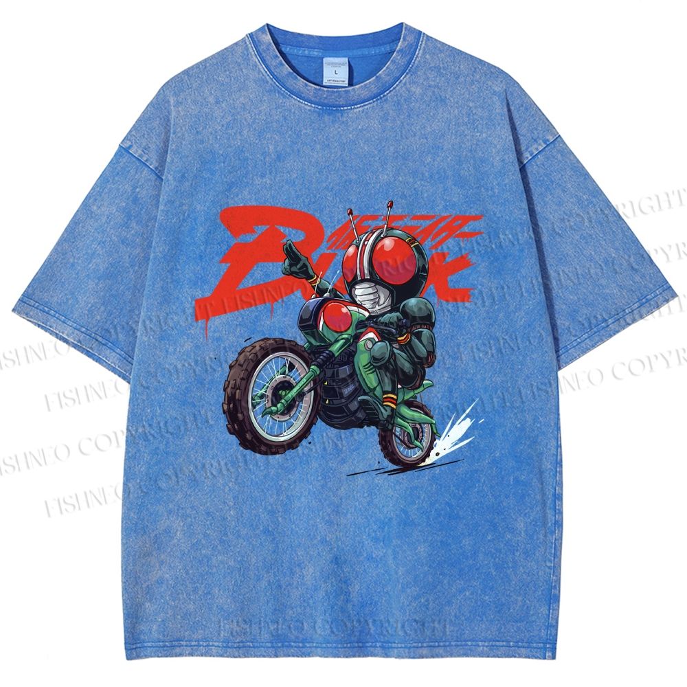 Unisex Kamen Rider Black on Battle Hopper Printed Washed Tee