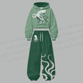 Vintage Green Octopus Women's Cropped Long Sleeve Hoodie & High Waist Jogger Pants Two Piece Tracksuit Set