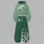 Vintage Green Octopus Women's Cropped Long Sleeve Hoodie & High Waist Jogger Pants Two Piece Tracksuit Set