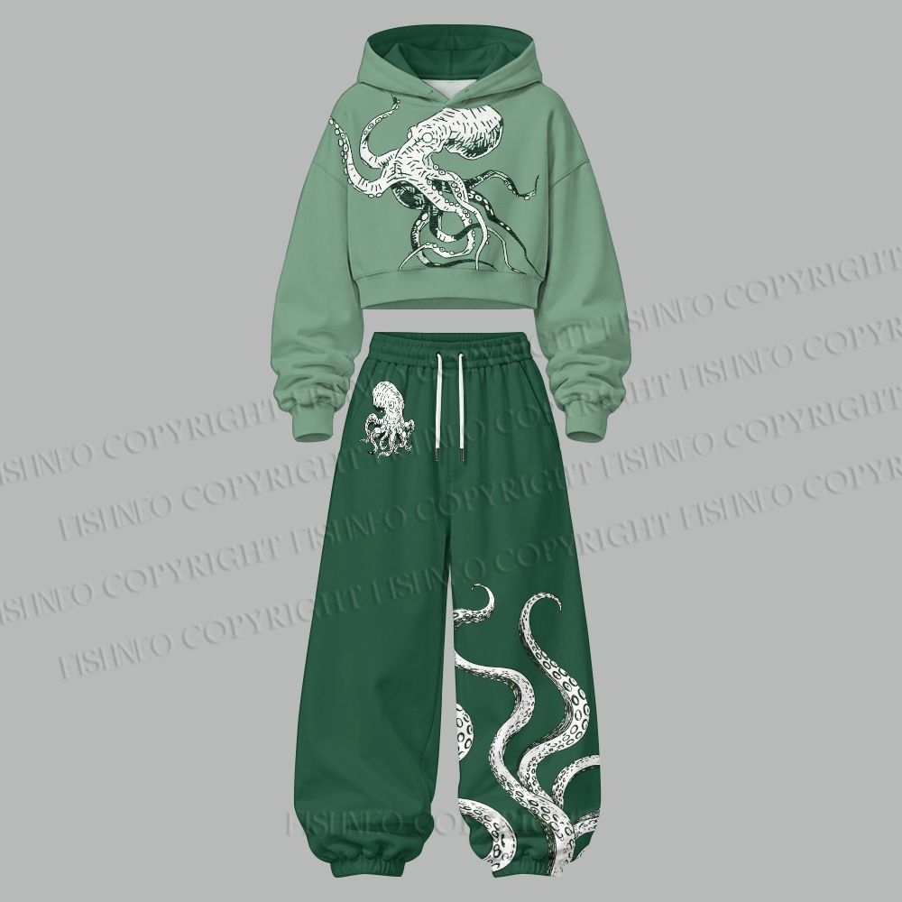 Vintage Green Octopus Women's Cropped Long Sleeve Hoodie & High Waist Jogger Pants Two Piece Tracksuit Set