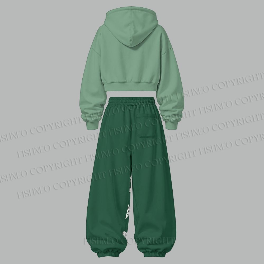 Vintage Green Octopus Women's Cropped Long Sleeve Hoodie & High Waist Jogger Pants Two Piece Tracksuit Set