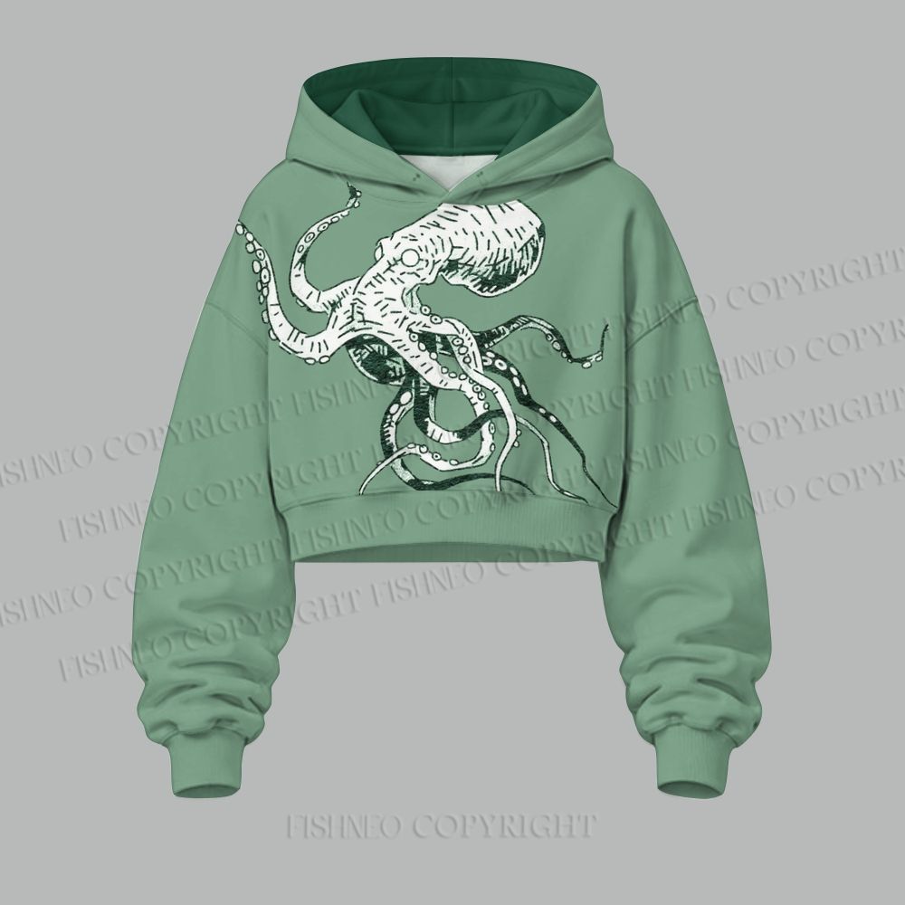 Vintage Green Octopus Women's Cropped Long Sleeve Hoodie & High Waist Jogger Pants Two Piece Tracksuit Set