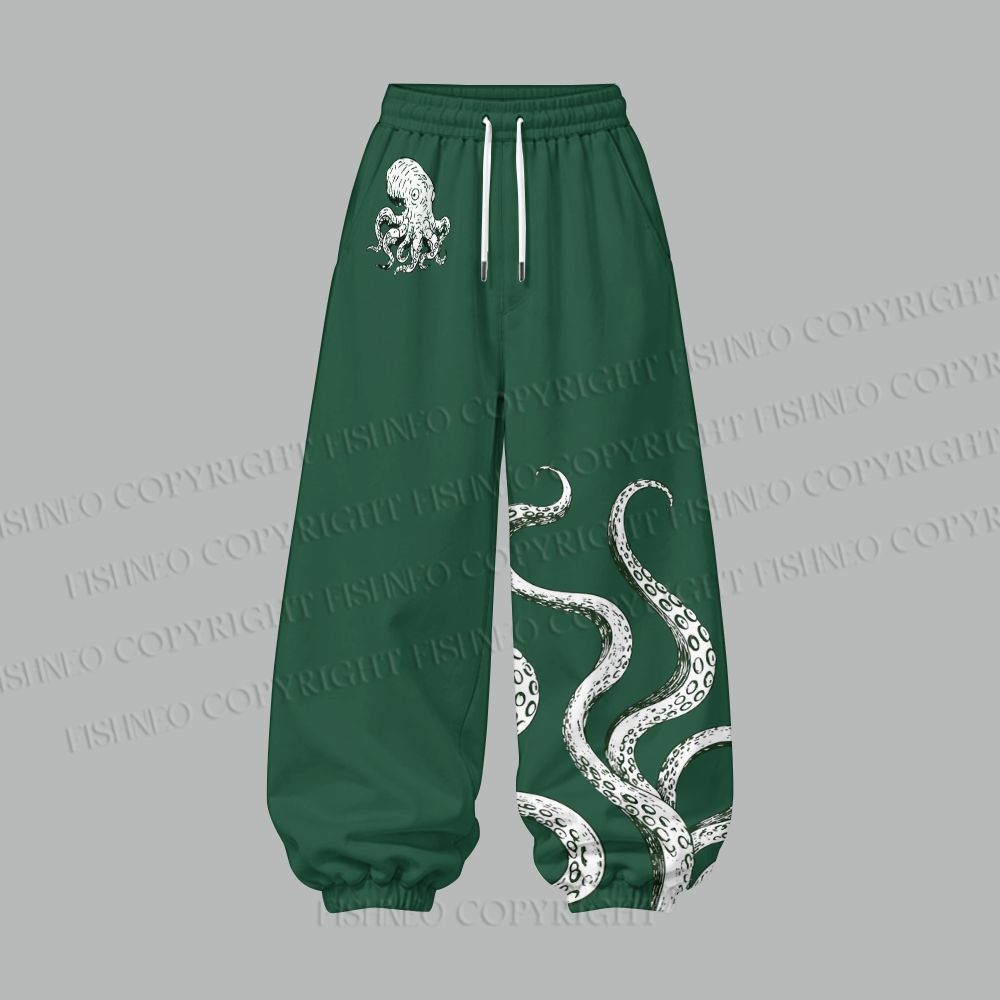 Vintage Green Octopus Women's Cropped Long Sleeve Hoodie & High Waist Jogger Pants Two Piece Tracksuit Set