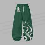 Vintage Green Octopus Women's Cropped Long Sleeve Hoodie & High Waist Jogger Pants Two Piece Tracksuit Set