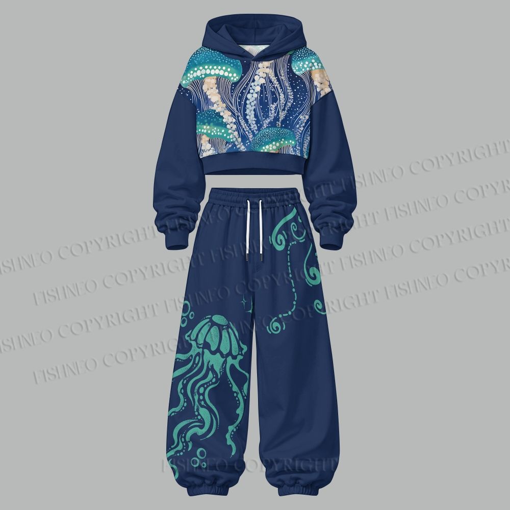 Yayoi Kusama Jellyfish Women's Cropped Long Sleeve Hoodie & High Waist Jogger Pants Two Piece Tracksuit Set