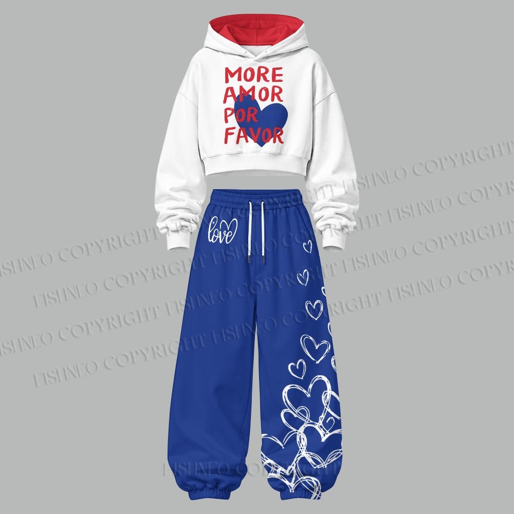 More Amor Por Favor Women's Cropped Long Sleeve Hoodie & High Waist Jogger Pants Two Piece Tracksuit Set