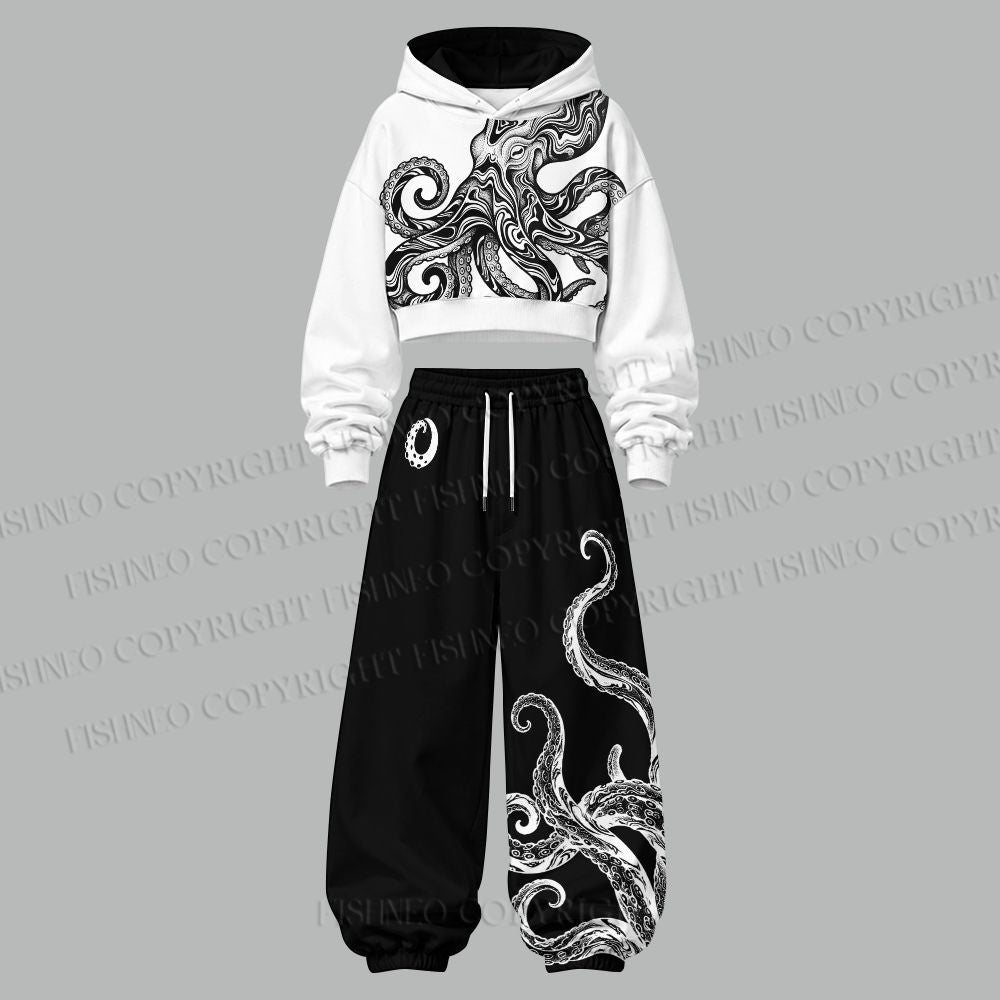 Black And White Octopus Women's Cropped Long Sleeve Hoodie & High Waist Jogger Pants Two Piece Tracksuit Set