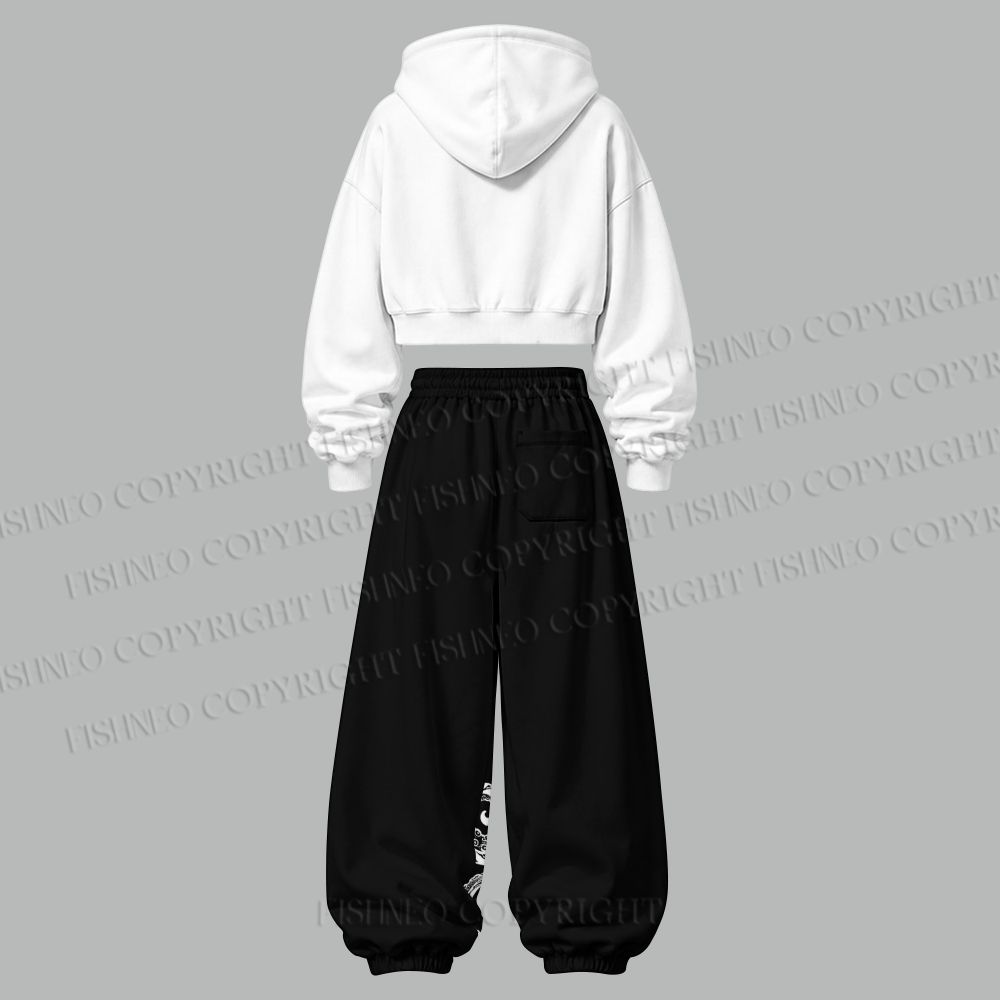Black And White Octopus Women's Cropped Long Sleeve Hoodie & High Waist Jogger Pants Two Piece Tracksuit Set