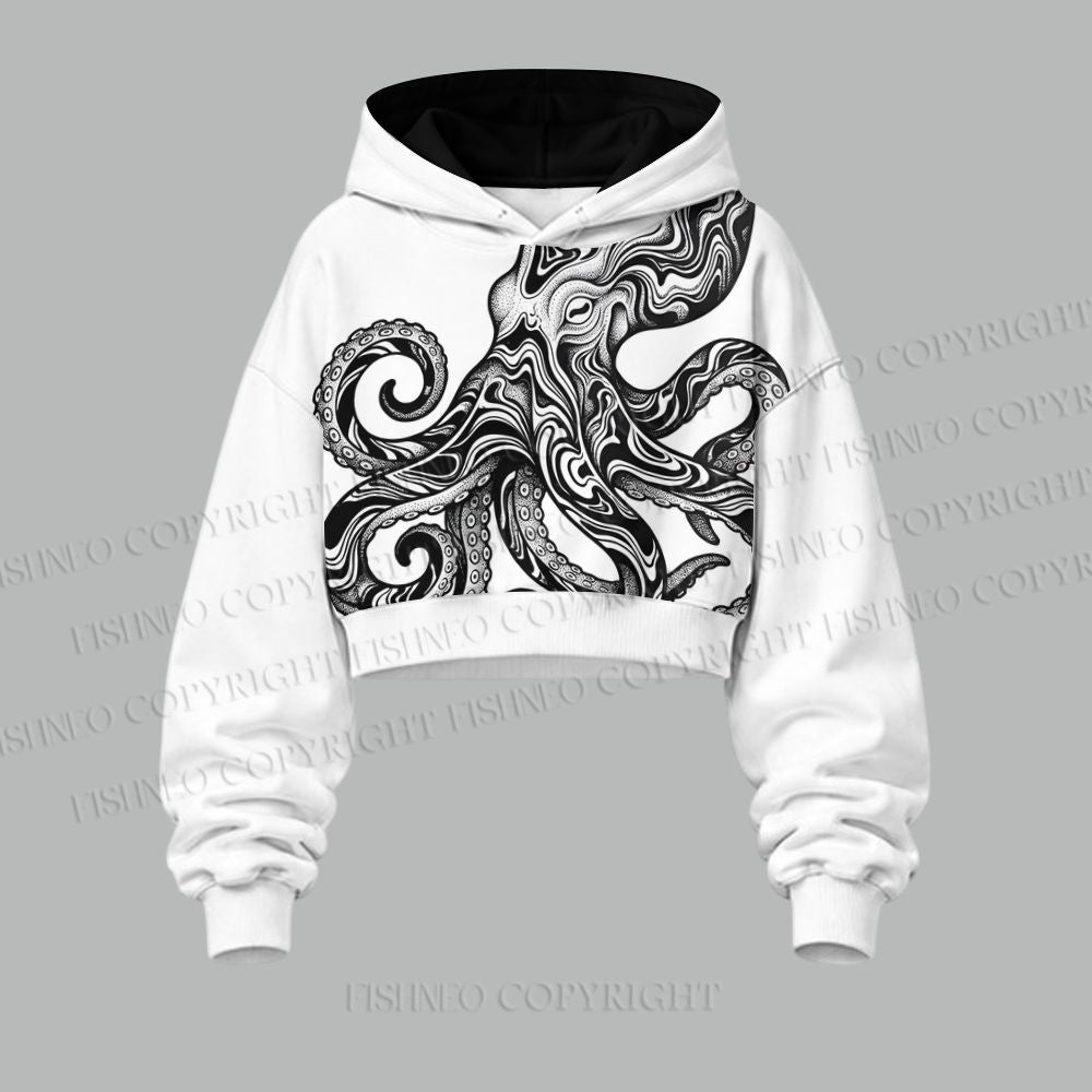 Black And White Octopus Women's Cropped Long Sleeve Hoodie & High Waist Jogger Pants Two Piece Tracksuit Set