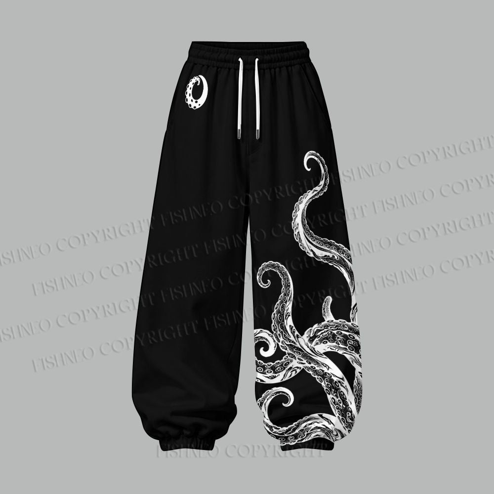 Black And White Octopus Women's Cropped Long Sleeve Hoodie & High Waist Jogger Pants Two Piece Tracksuit Set