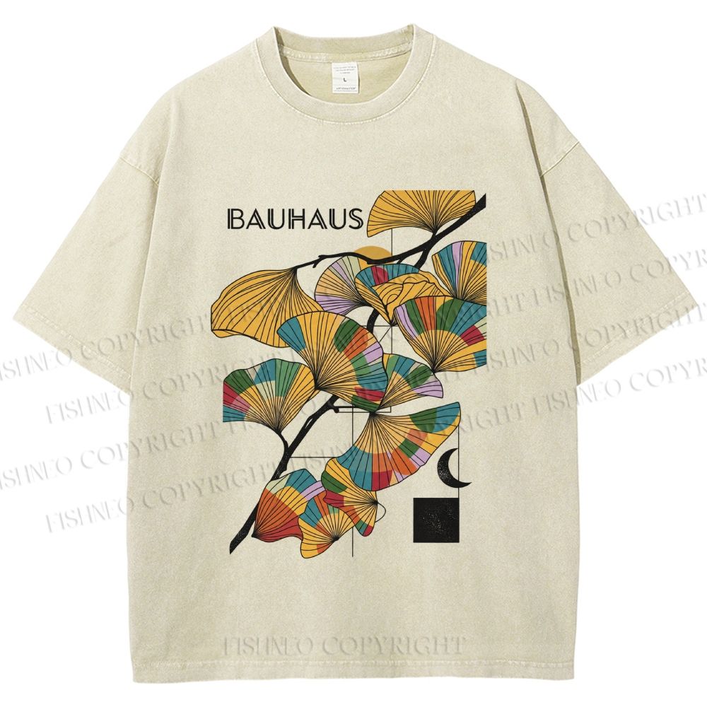 Unisex Bauhaus Ginkgo Leaf Printed Washed Tee