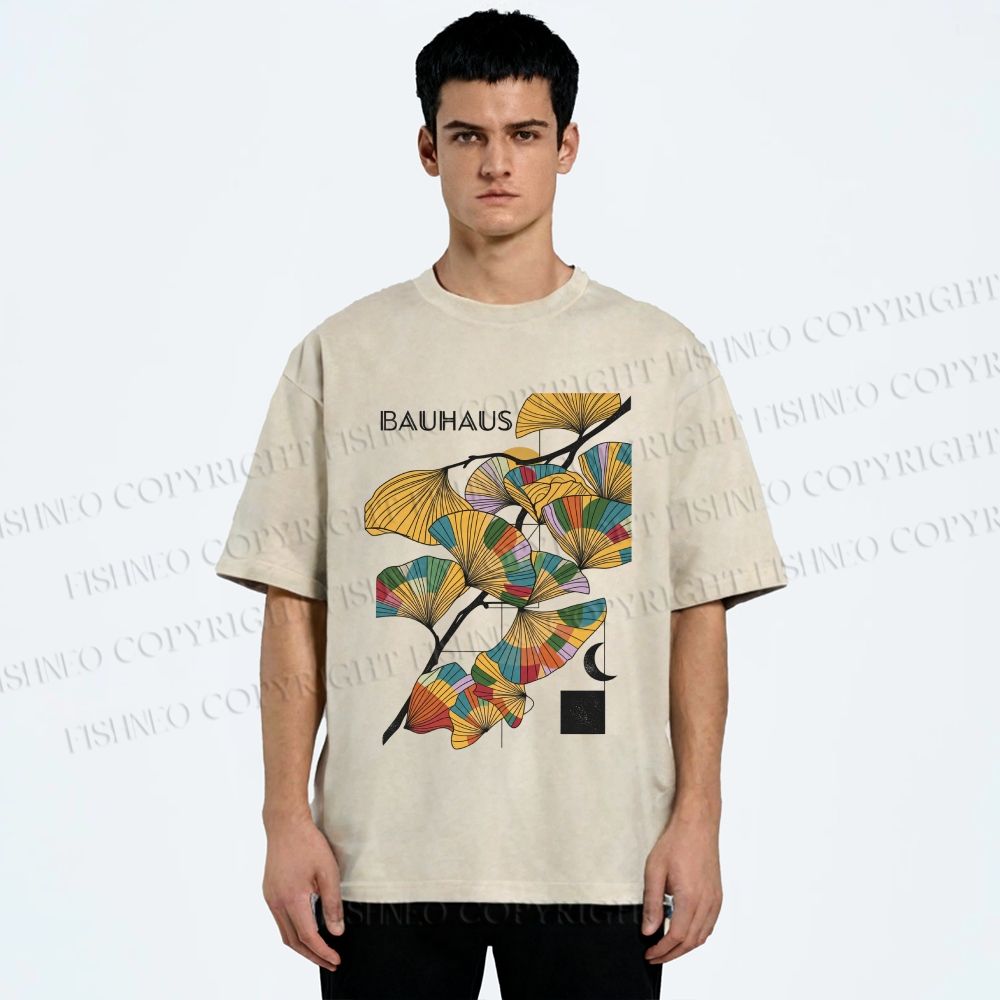 Unisex Bauhaus Ginkgo Leaf Printed Washed Tee