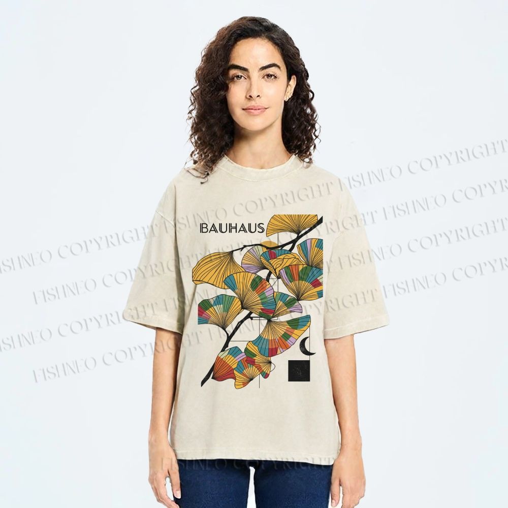 Unisex Bauhaus Ginkgo Leaf Printed Washed Tee