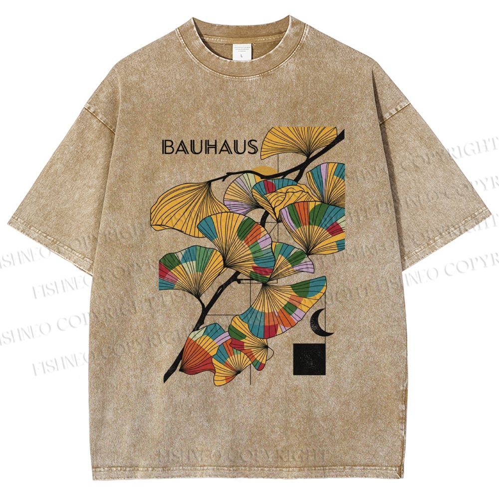 Unisex Bauhaus Ginkgo Leaf Printed Washed Tee