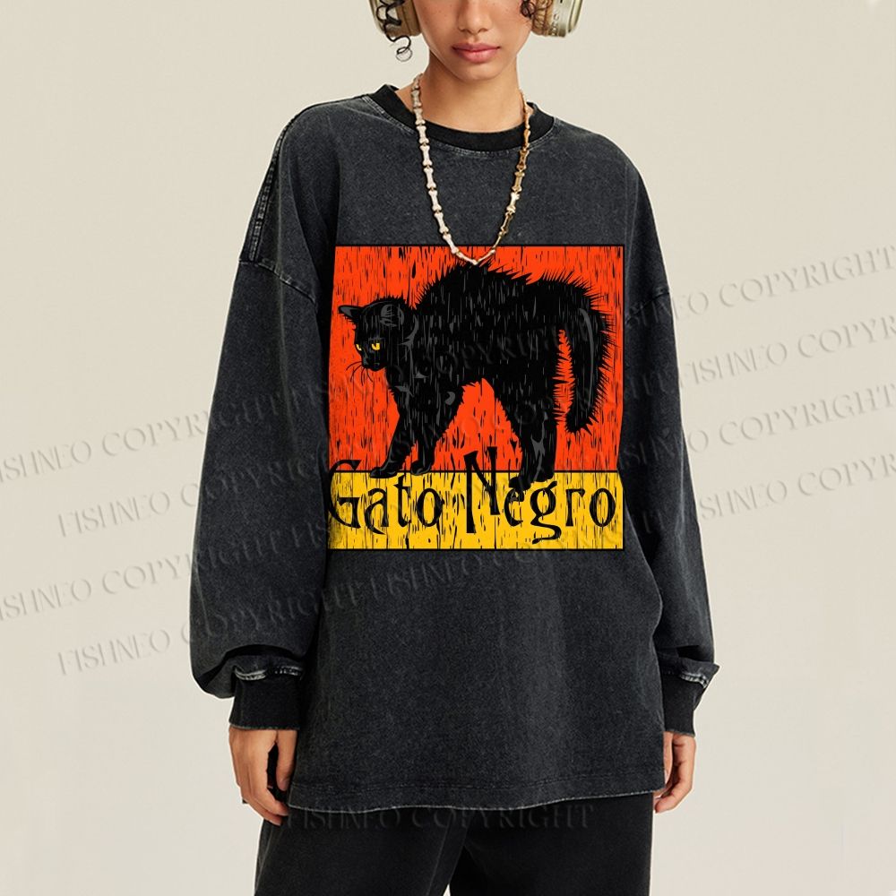 Unisex Gato Cat Casual Washed Printed Long Sleeve T-shirt