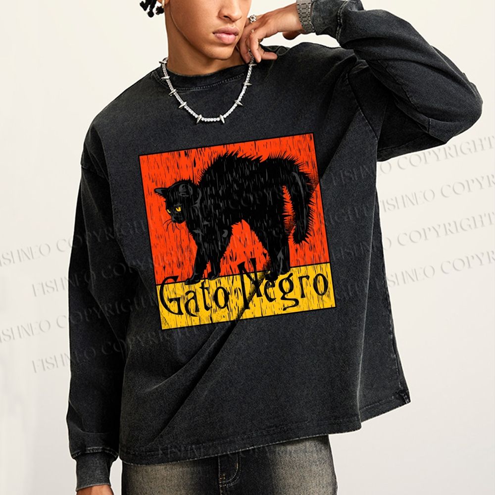 Unisex Gato Cat Casual Washed Printed Long Sleeve T-shirt