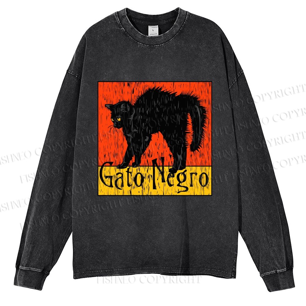 Unisex Gato Cat Casual Washed Printed Long Sleeve T-shirt
