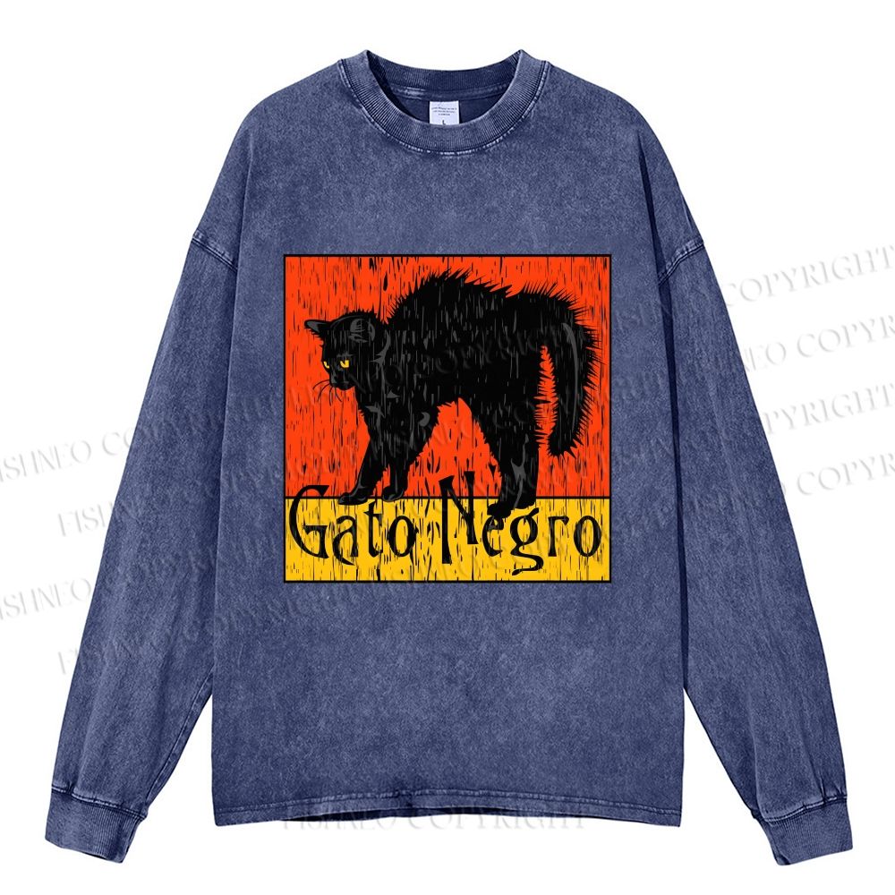 Unisex Gato Cat Casual Washed Printed Long Sleeve T-shirt