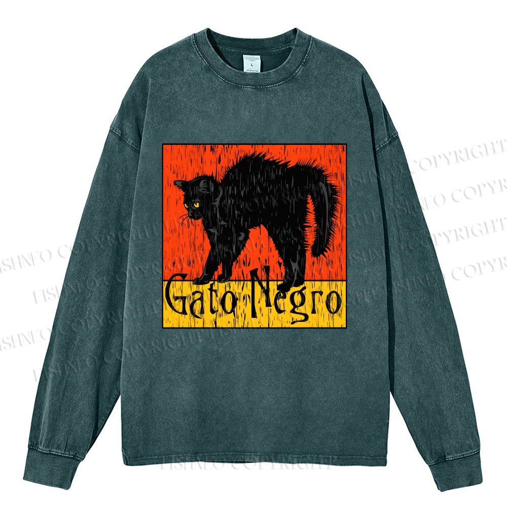Unisex Gato Cat Casual Washed Printed Long Sleeve T-shirt