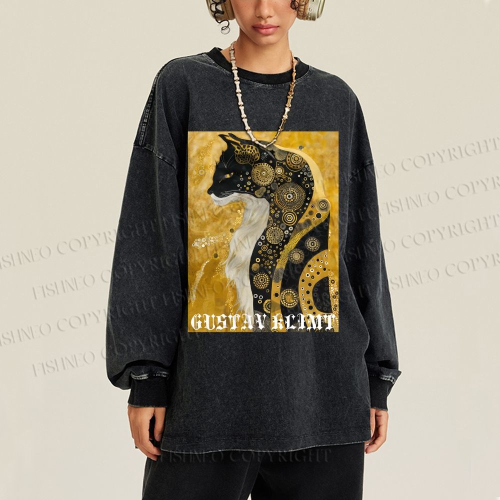 Unisex Cat in Klimt Art Style Casual Washed Printed Long Sleeve T-shirt