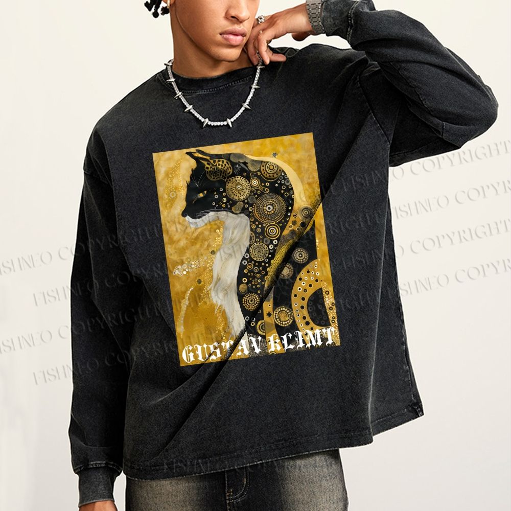 Unisex Cat in Klimt Art Style Casual Washed Printed Long Sleeve T-shirt