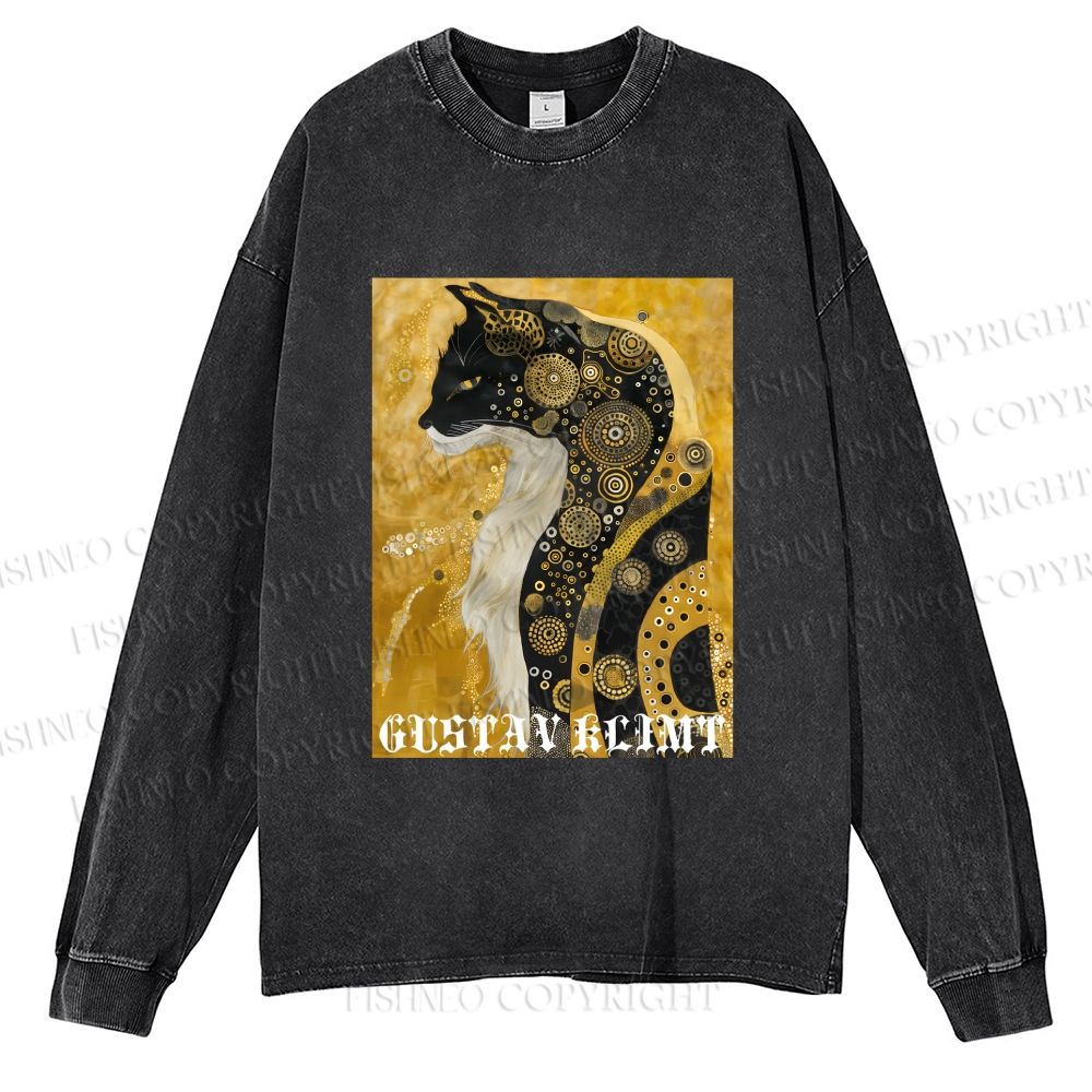 Unisex Cat in Klimt Art Style Casual Washed Printed Long Sleeve T-shirt