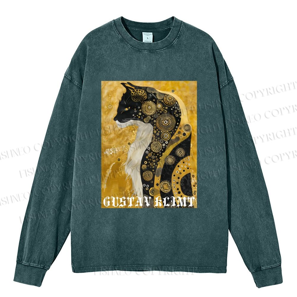 Unisex Cat in Klimt Art Style Casual Washed Printed Long Sleeve T-shirt