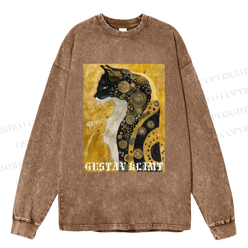 Unisex Cat in Klimt Art Style Casual Washed Printed Long Sleeve T-shirt