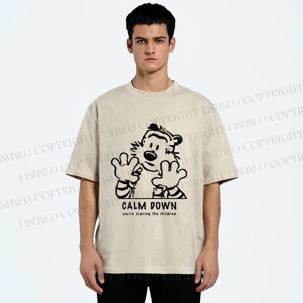 Unisex Calvin and Hobbes Clam Down Printed Washed Tee