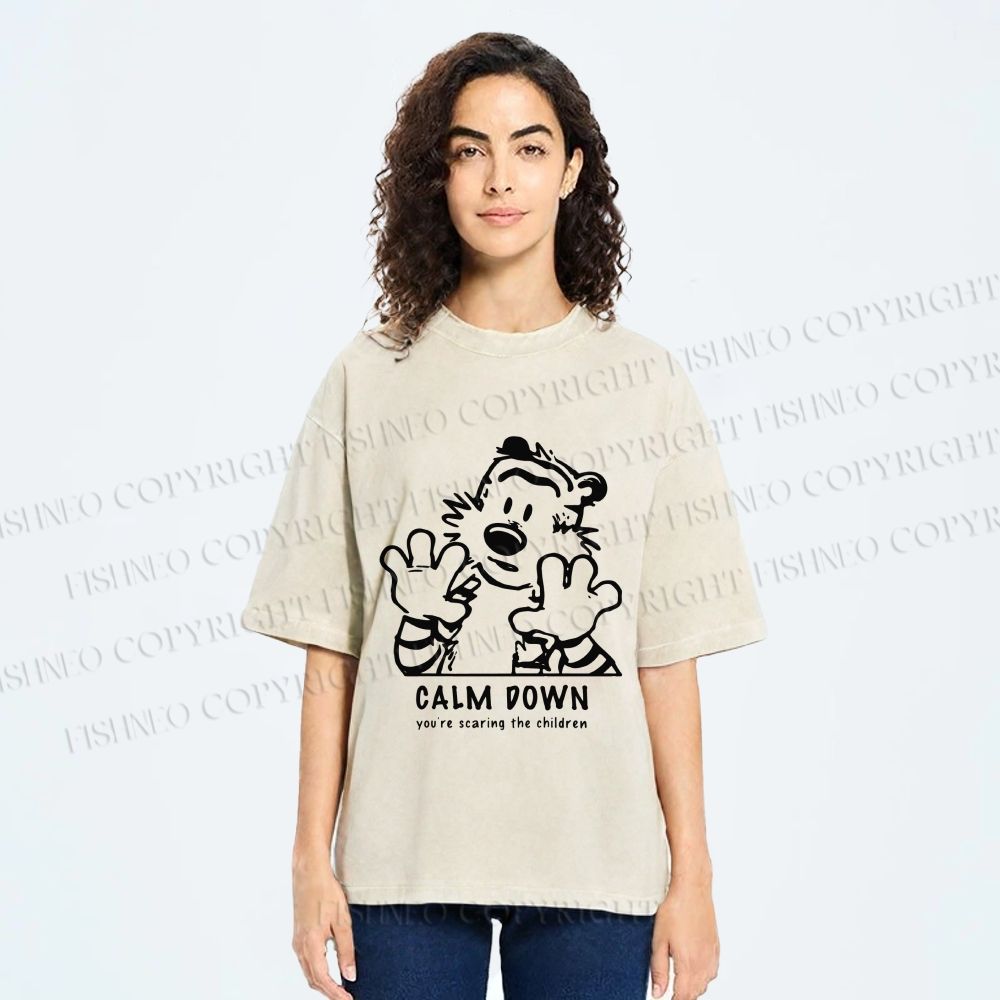 Unisex Calvin and Hobbes Clam Down Printed Washed Tee