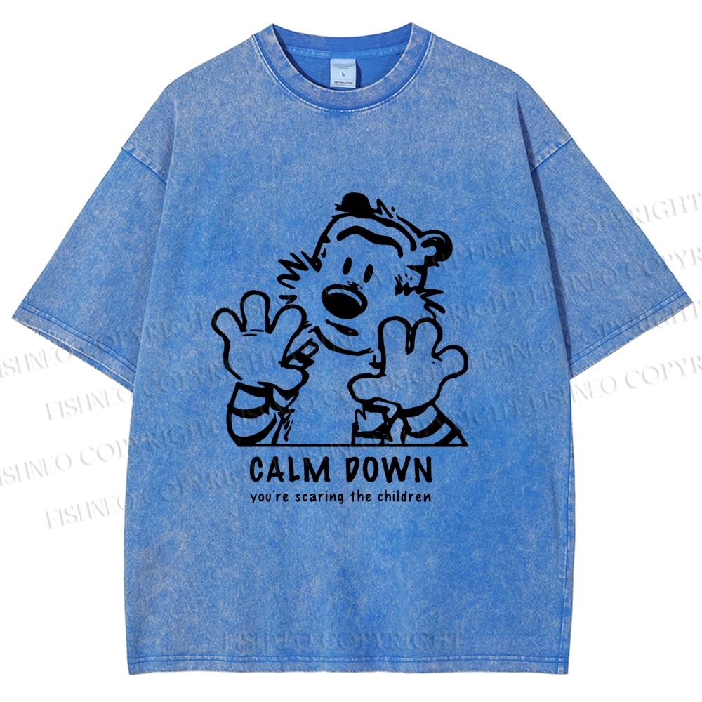 Unisex Calvin and Hobbes Clam Down Printed Washed Tee