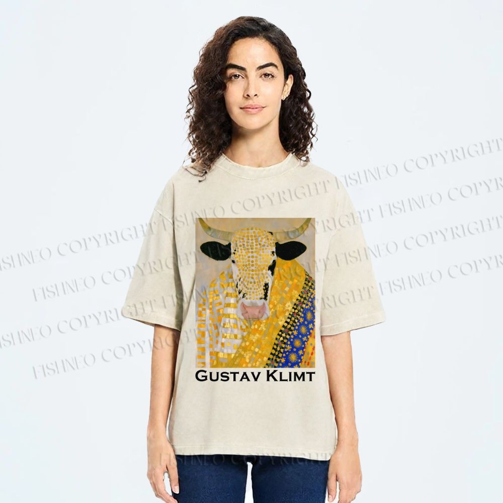Unisex Ox in Klimt Art Style Printed Washed Tee