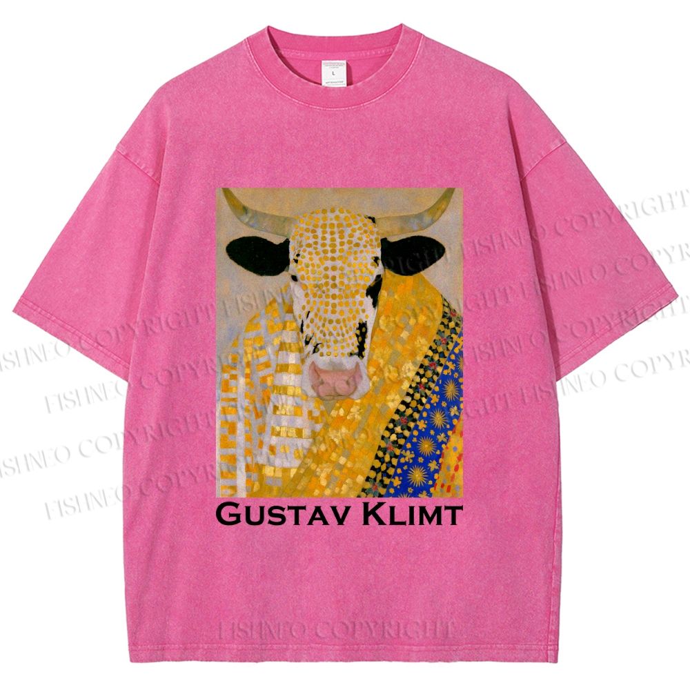 Unisex Ox in Klimt Art Style Printed Washed Tee