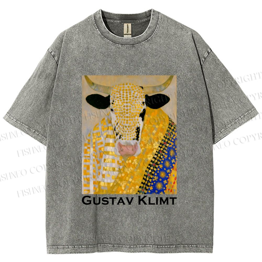 Unisex Ox in Klimt Art Style Printed Washed Tee