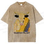 Unisex Ox in Klimt Art Style Printed Washed Tee